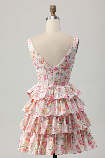 Pink Floral V-Neck A Line Tiered Short Prom Dress with Bow